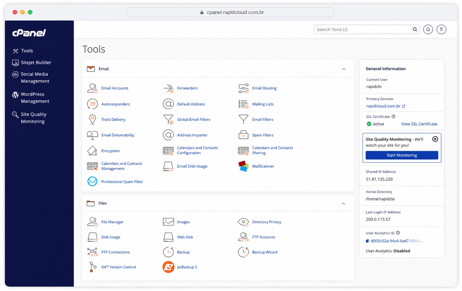 Painel cPanel da Rapid Cloud, em português