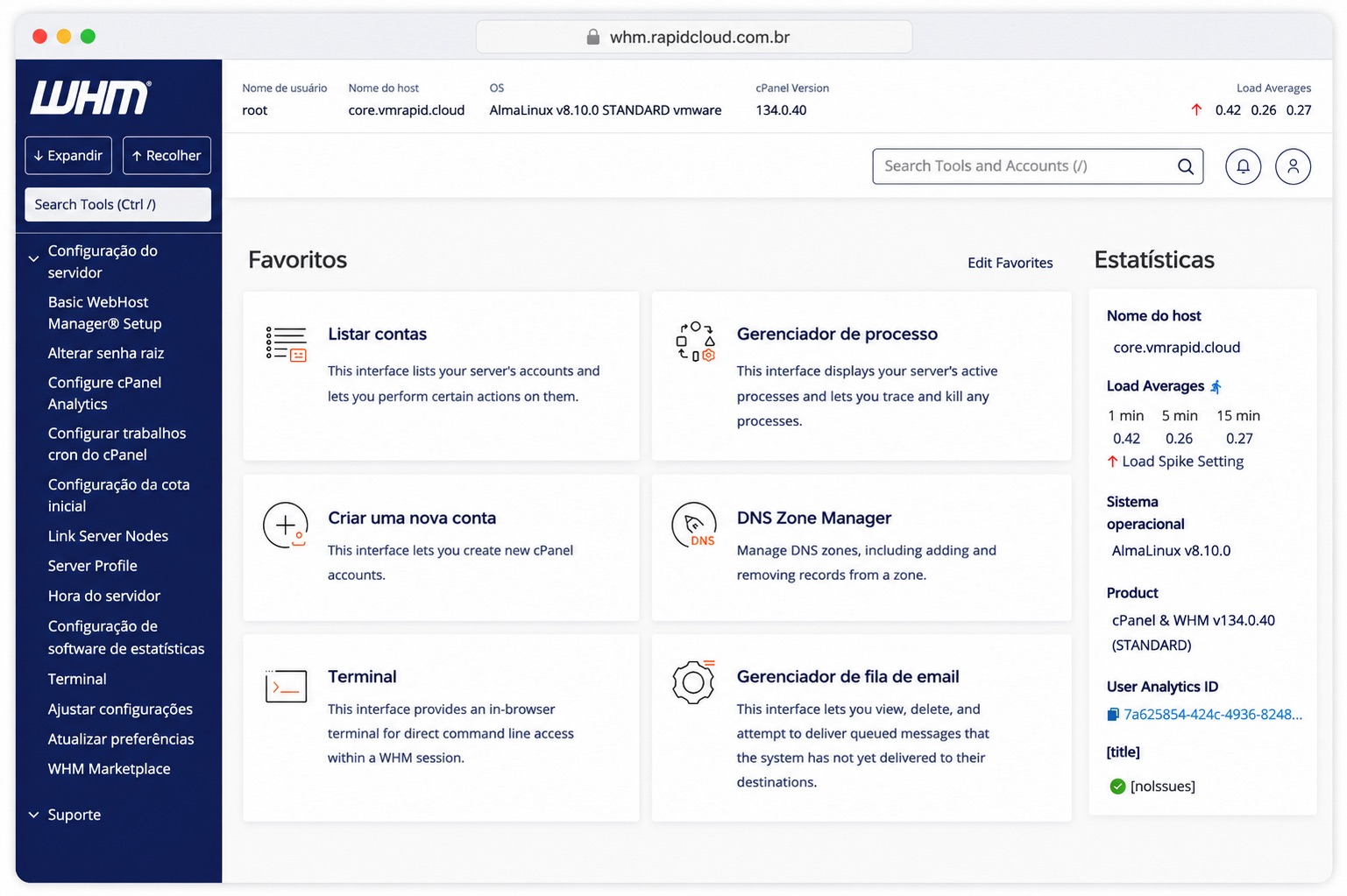 Painel WHM de revenda cPanel da Rapid Cloud, em português
