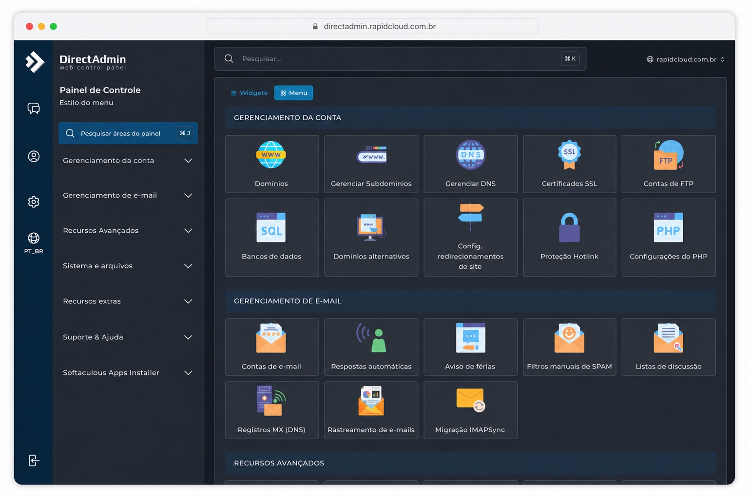 Painel DirectAdmin da Rapid Cloud, em português