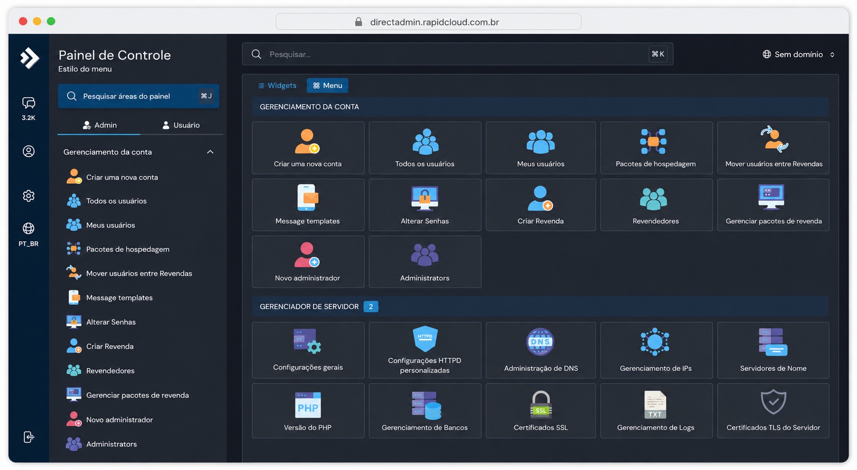 Painel de revenda DirectAdmin da Rapid Cloud, em português